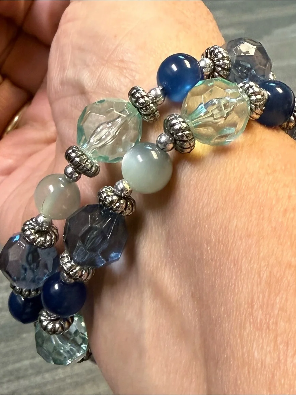 Two (2) Faceted Blue & Aqua Beaded Stretch Bracelets